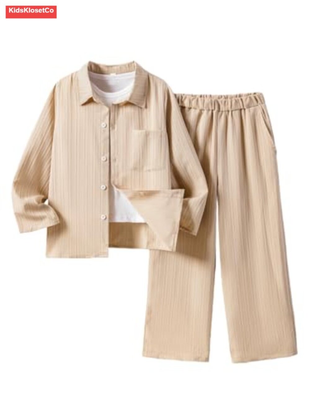 Boys 2 Piece Button Down Long Sleeve Shirt and Pants Set, Elastic Waist